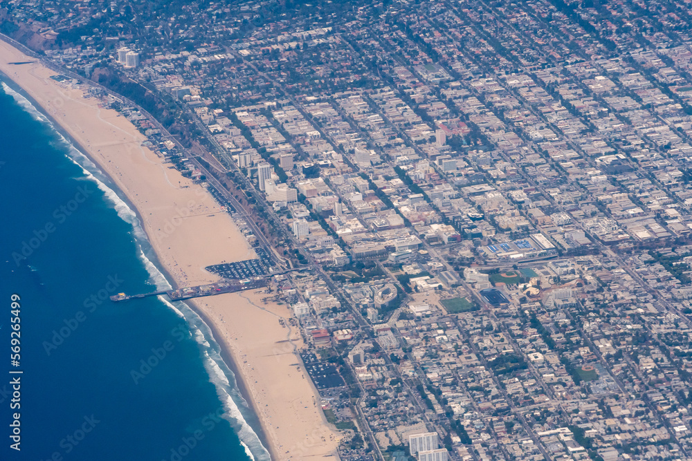 Aerial view of the Santa Monica Pier, Santa Monica Beach and the west side of Los Angeles