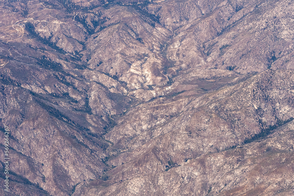 8 27 2022: Aerial view of the San Gabriel mountains in California showing the effects of the drought. 