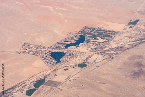 Aerial view of the town of Helendale, California its man made lakes and the Silver Lake Country Club golf course photo