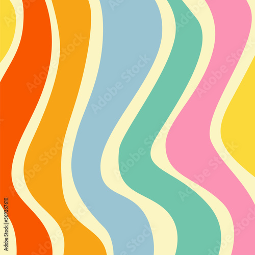 Groovy Background Retro 70s Style. Cute Abstract Vintage Texture Wallpaper. Hippie Wavy Vector Background. Colorful Fun Stripes in Retro 1970s Trendy Banner Design. Psychedelic Graphic Print 1960s.