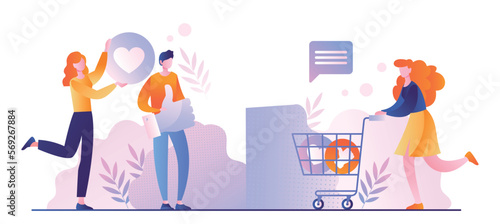 Referral marketing concept. Man and woman with basket of reactions for social networks and messengers. Modern methods of promotion of goods on Internet, advertising. Cartoon flat vector illustration