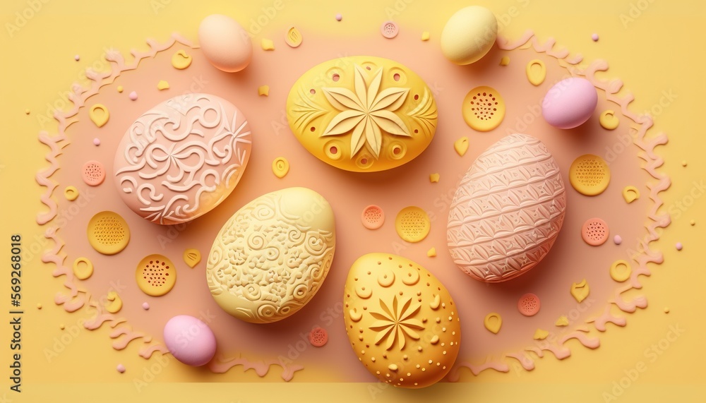 a group of decorated eggs on a yellow and pink background with a yellow border around them and a pink and yellow border around the eggs. generative ai a group of decorated eggs on a yellow and pink background with a yellow border around them and a pink and yellow border around the eggs. generative ai