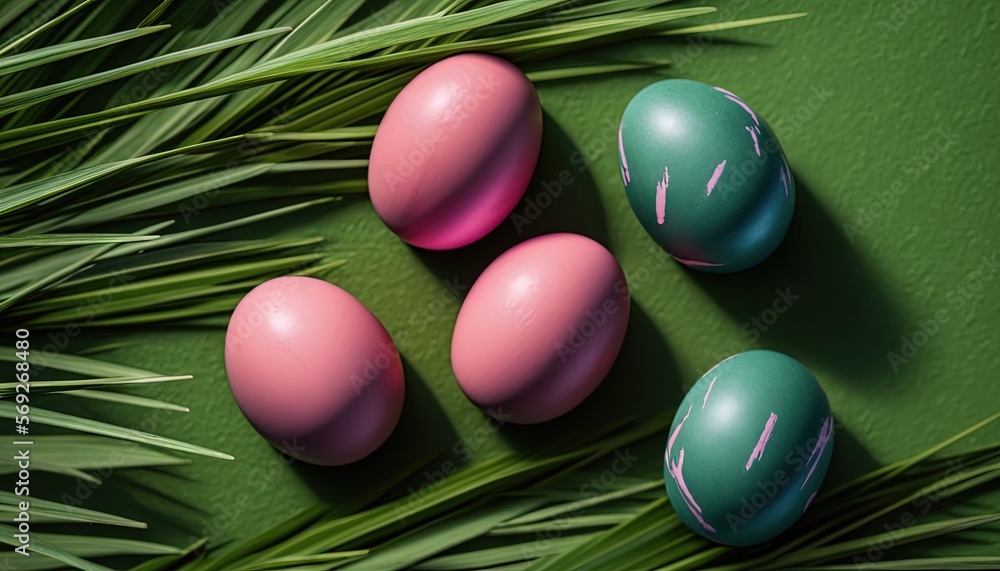 three pink and one green eggs on a green surface with palm leaves and a green background with a green background and a green background with pink and blue eggs. generative ai three pink and one green eggs on a green surface with palm leaves and a green background with a green background and a green background with pink and blue eggs. generative ai