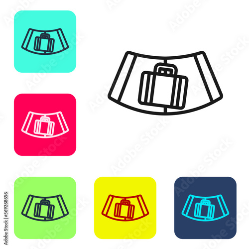 Black line Airport conveyor belt with passenger luggage, suitcase, bag, baggage icon isolated on white background. Set icons in color square buttons. Vector