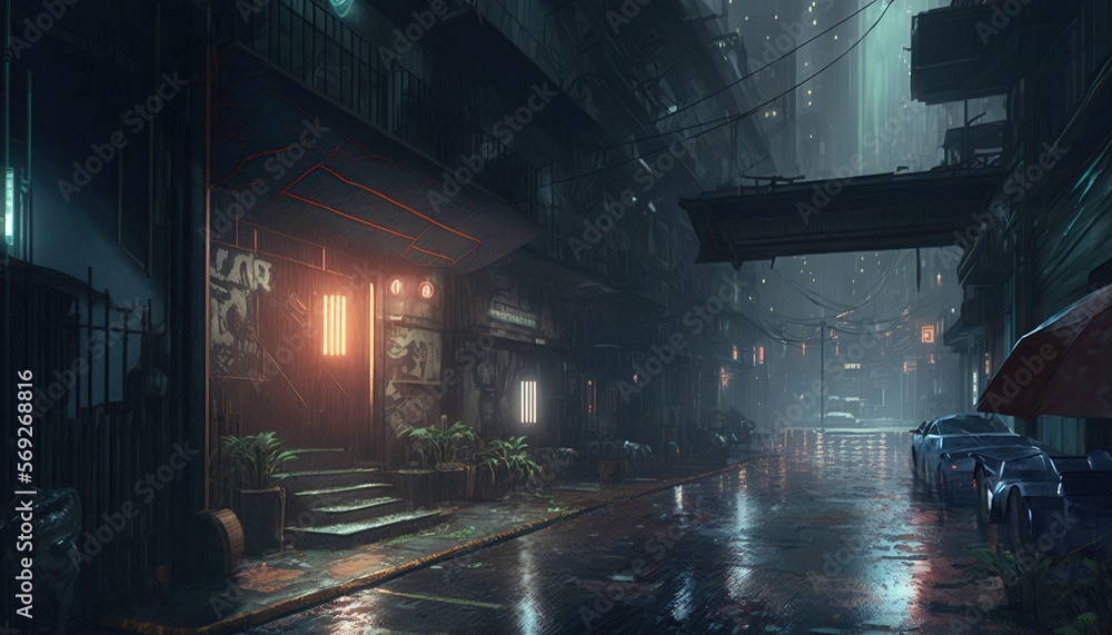  a dark alley with a red umbrella in the middle of it and a person walking down the street in the rain in the distance,.  generative ai