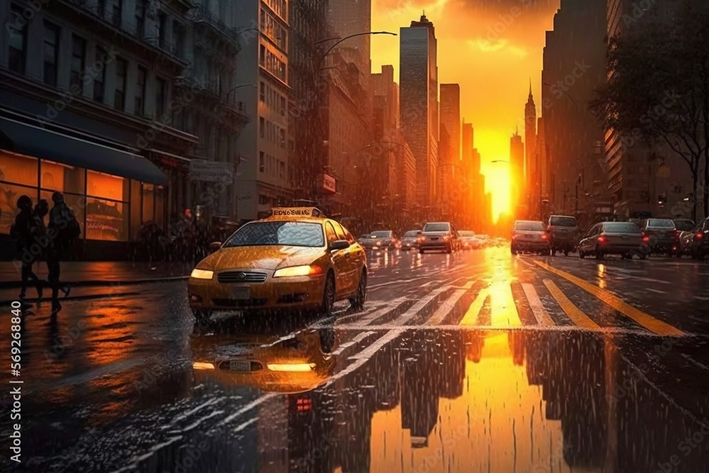  a yellow taxi cab driving down a rain soaked street at sunset with people walking on the side of the road in the background and buildings on the other side of the street.  generative ai
