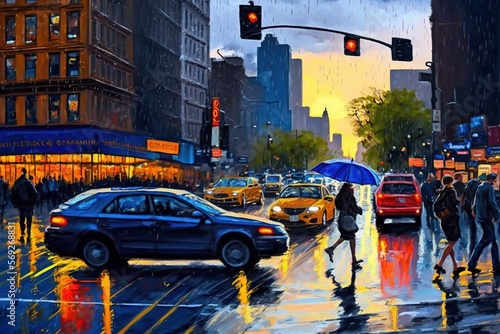  a painting of people crossing the street in the rain with an umbrella over their head and a car on the street below them, and a traffic light and buildings in the background.  generative ai