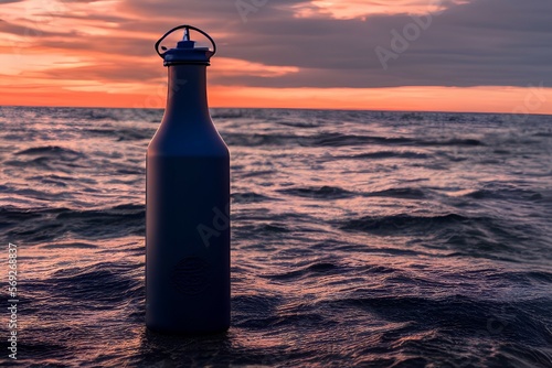 steel hip alcohol bottle with waves and sunset in the background - generative ai