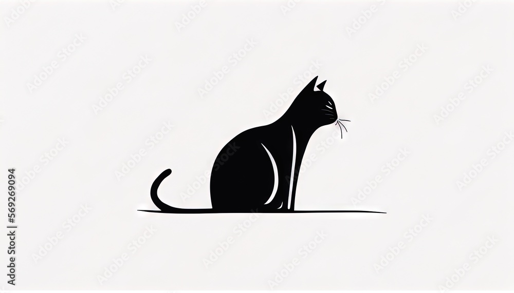  a black cat sitting on the ground looking at something in its mouth, on a white background, with a black outline of a cat.  generative ai