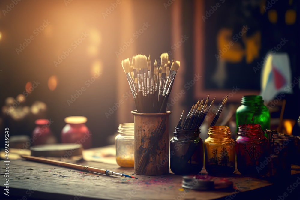 Artistic paintbrushes in a jar. Painter's accessories. Indoor background with copy space. AI generative picture.