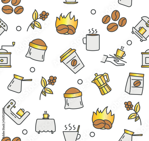 Coffee seamless pattern. Repeating design element for printing on fabric. Hot drink, beverage and liquid. Bean bag and coffee grinder, wood, coffee aparatus. Cartoon flat vector illustration photo