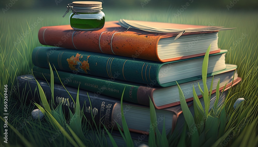 a stack of books with a jar on top of them sitting on top of each other ...