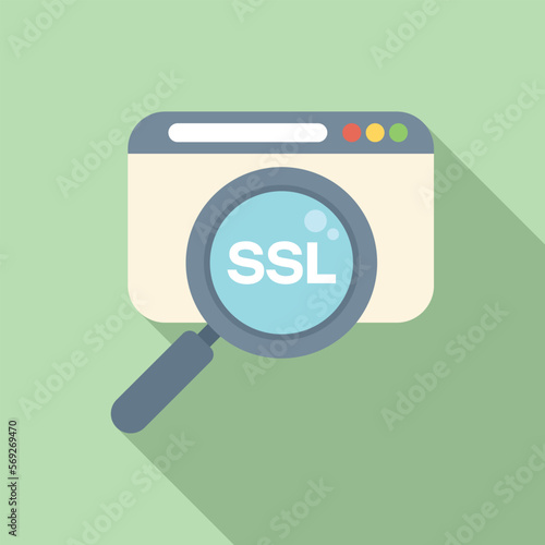 Search SSL certificate icon flat vector. Network security. Check payment