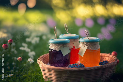 Different fruit jars with jam. Homemade delicious food. Organic sweet dessert. Sunny outdoor background. Selective focus. Ai generative.