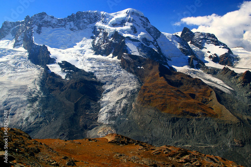 View of the snow-white Matterhorn glacier from Mount Gornergrat near Zermatt in southern Switzerland