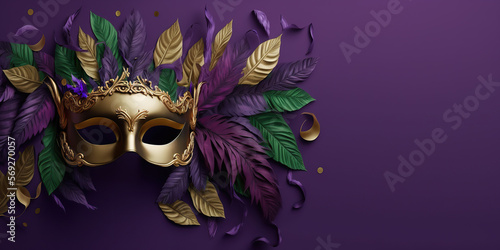 Wallpaper Mural Mardi Gras festive mask in corner of horizontal banner with copy space on purple background. Fat Tuesday carnival flyer template. AI generative image. Torontodigital.ca