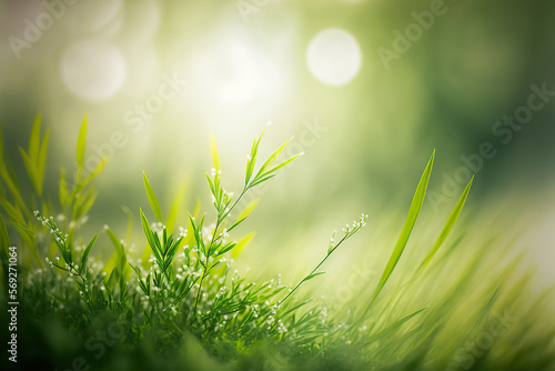 Close up selective focus sunny spring nature background with copy space. Blurry organic green landscape with bokeh  Bright fresh grass backdrop with place for text. AI generative image.