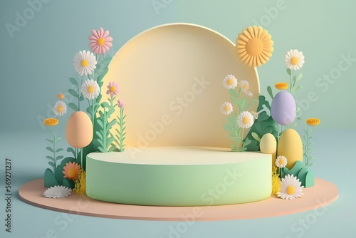 Abstract background with minimal cylindrical podium display and beautiful blossom plants. Springtime showcase layout. AI generative image. © vlntn
