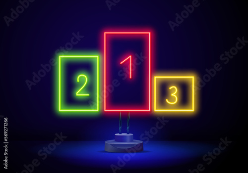 Winners podium, three levels, sport logo, outline design. Neon style. Light decoration icon. Bright electric symbol