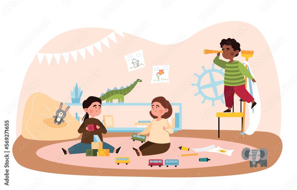 Children playing indoor. Boy and girl with toys have rest and have fun. Sister and brother. Poster or banner for website. Leisure and hobby, home or kindergarten. Cartoon flat vector illustration Children playing indoor. Boy and girl with toys have rest and have fun. Sister and brother. Poster or banner for website. Leisure and hobby, home or kindergarten. Cartoon flat vector illustration