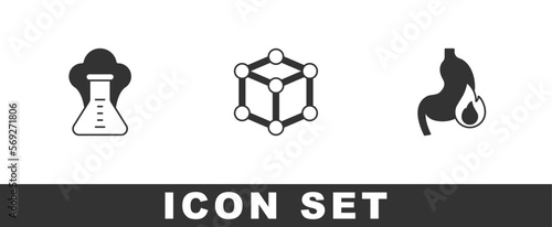 Set Chemical explosion, Molecule and Stomach heartburn icon. Vector