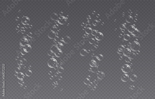 Underwater fizzing bubbles, soda or champagne carbonated drink, sparkling water. Effervescent drink. Aquarium, sea, ocean bubbles vector illustration.