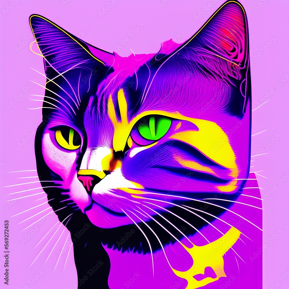 Cat. Abstract, neon portrait of a cat looking forward on a purple