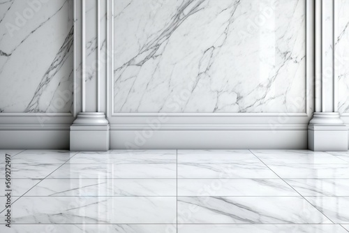  a white marble floor with columns and a marble wall in the middle of the room with a marble floor and a marble wall in the middle of the room.  generative ai