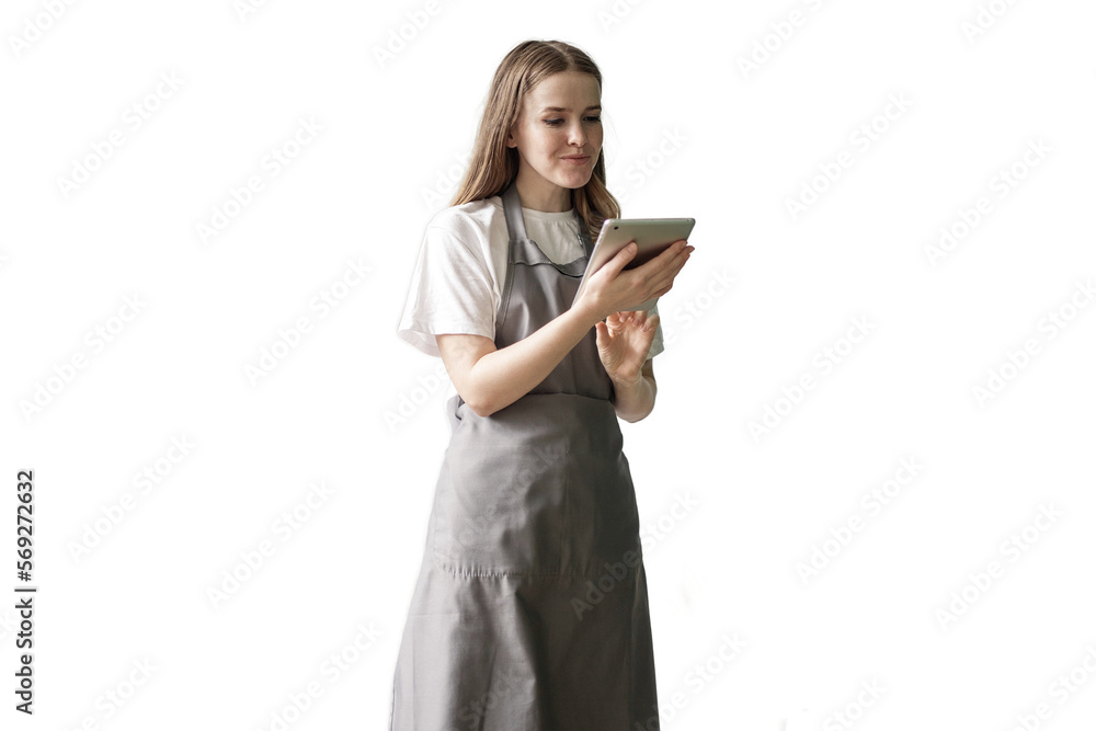 Cafe employee apron using a tablet woman, isolated transparent, PNG background.
Cafe employee apron using a tablet woman, isolated transparent, PNG background.