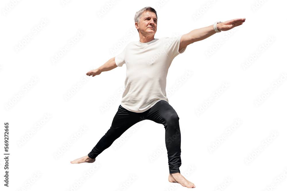 Retired man gray-haired yoga exercise asana, isolated transparent, PNG background.	
