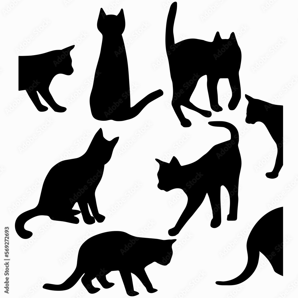 Black cat silhouettes - cat poses, cat variations, actions - vector 