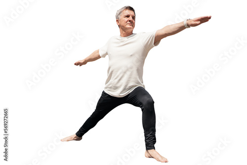 Retired man gray-haired yoga exercise asana, isolated transparent, PNG background.   © muse studio
