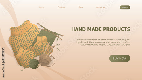 Threads and sweater. Warm clothes, cozy winter for website, landing page. Flat vector illustration for poster, banner, advertising, cover. Knitting hand made products hobby poster concept.