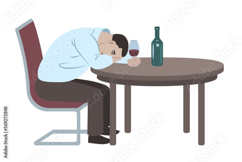 Drunk man with a bottle and a glass sitting lying at a round table. Abstract simple vector illustration. Alcoholism.