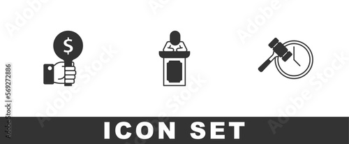 Set Hand holding auction paddle, Auction auctioneer sells and hammer icon. Vector