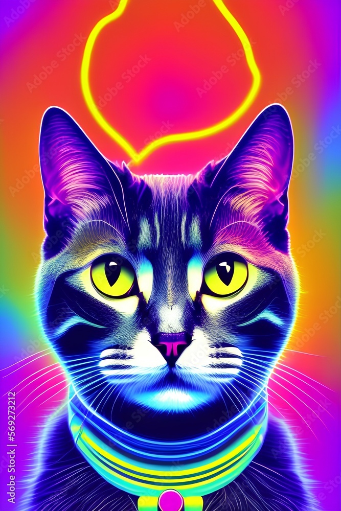 Cat. Abstract, neon portrait of a cat looking forward on a purple background in the style of pop art. Digital vector graphics - generative ai Cat. Abstract, neon portrait of a cat looking forward on a purple background in the style of pop art. Digital vector graphics - generative ai