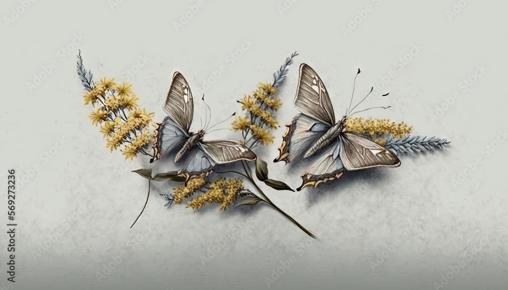 a group of three butterflies sitting on top of a flower plant next to ...