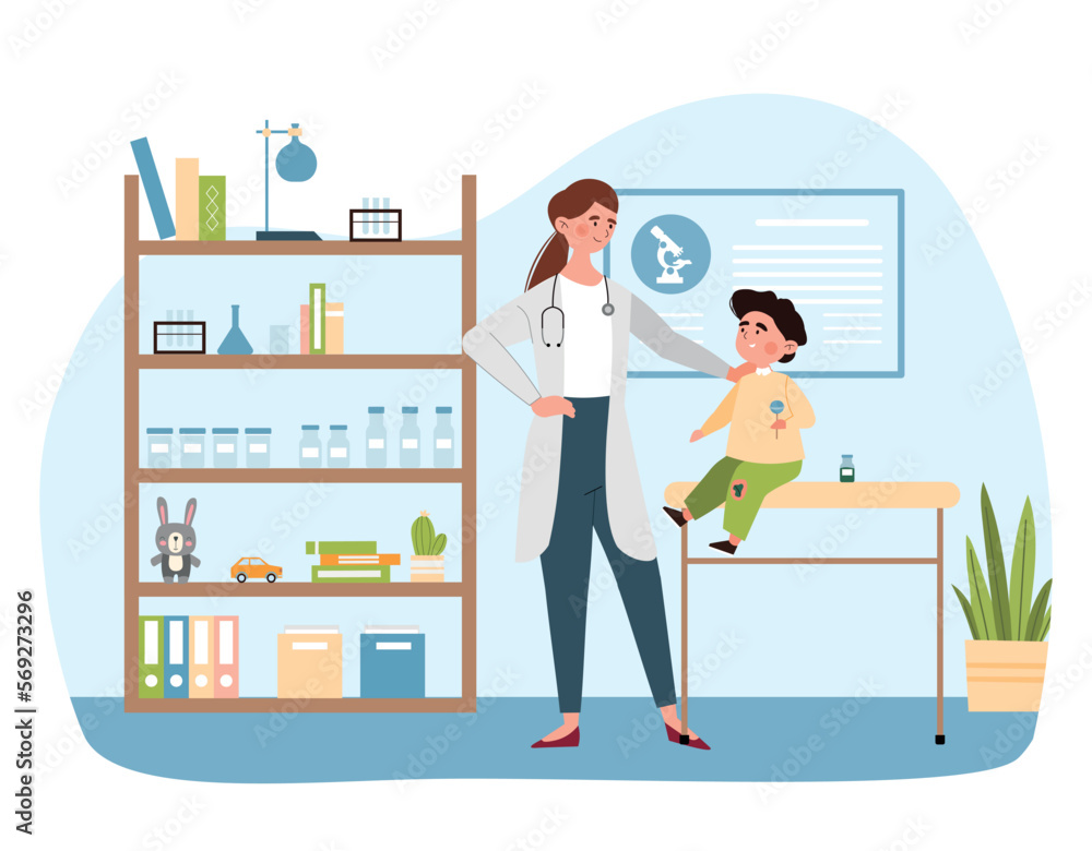 Kid in pediatrician office. Specialist with patient, young girl with stethoscope diagnoses little boy and checks his health. Treatment and prevention concept. Cartoon flat vector illustration Kid in pediatrician office. Specialist with patient, young girl with stethoscope diagnoses little boy and checks his health. Treatment and prevention concept. Cartoon flat vector illustration