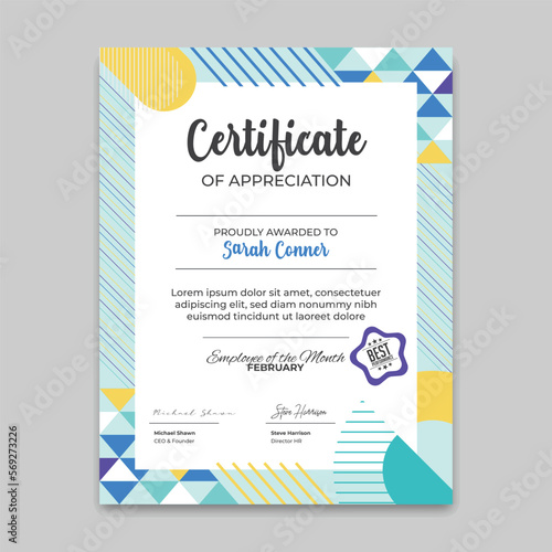 certificate of appreciation template with abstract geometric shape style in vertical format poster style for print and digital media. employee of the month photo