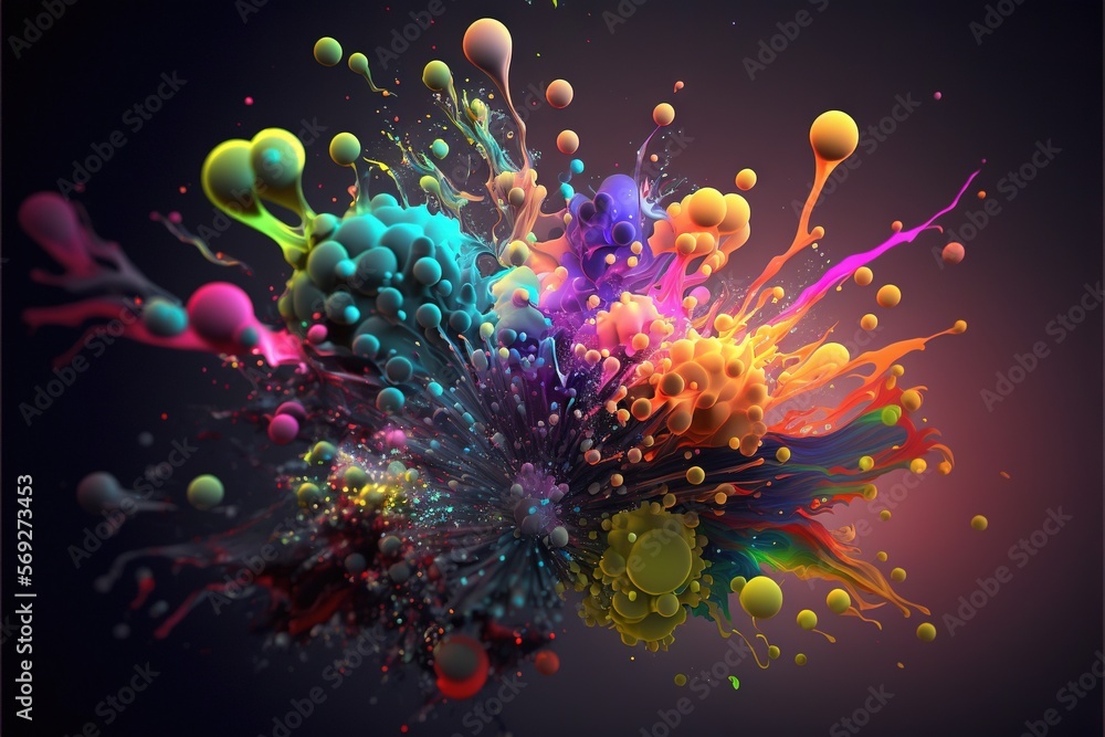 a colorful explosion of colored balls and streamers on a black background with a black background and a black background with a black border and white border.  generative ai