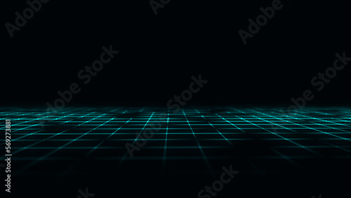 Abstract technology perspective grid. Detailed wireframe landscape with lines on black background. Digital space with mesh. 3d rendering.