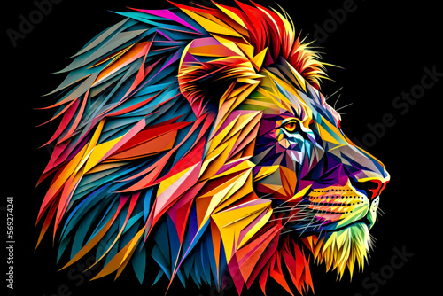 Colorful abstract lion head on a black background. 