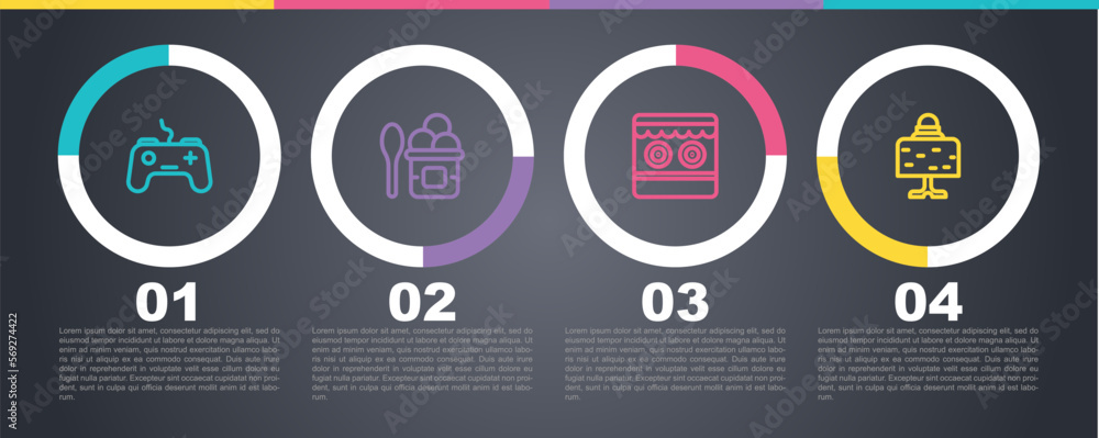 Set line Gamepad, Ice cream in bowl, Shooting gallery and Magic ball on table. Business infographic template. Vector Set line Gamepad, Ice cream in bowl, Shooting gallery and Magic ball on table. Business infographic template. Vector
