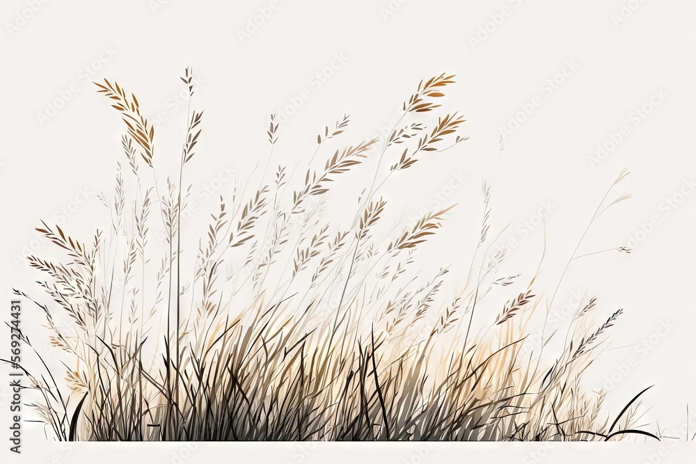  a painting of a bunch of tall grass in a field with a white background and a white wall in the background with a black border.  generative ai - obrazy, fototapety, plakaty 