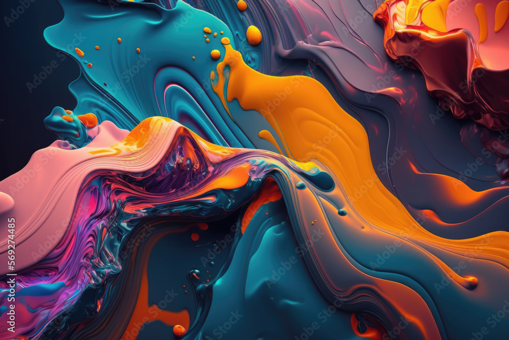 Fluid colors, liquid colors, rainbow color paints, abstract background. Generative AI.