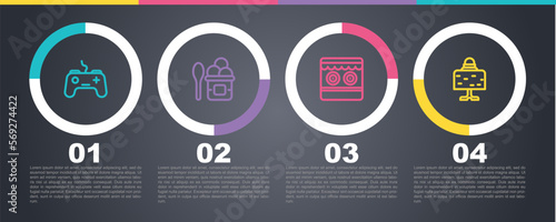 Set line Gamepad, Ice cream in bowl, Shooting gallery and Magic ball on table. Business infographic template. Vector