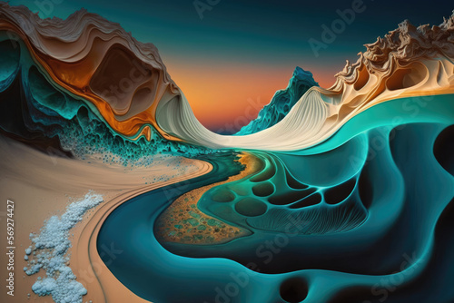 Fluid colors, pacific coast highway theme, liquid colors, colorful paints, abstract background. Generative AI.