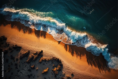  an aerial view of a beach with waves crashing on the shore and a sandy beach with rocks on the shore and a blue ocean in the background.  generative ai