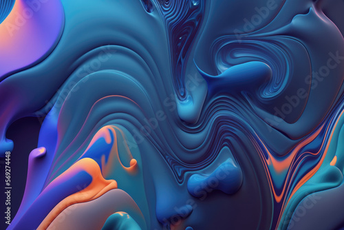 Fluid colors, liquid colors, blue color paints, abstract background. Generative AI.
