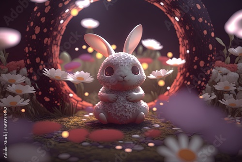  a rabbit sitting in the middle of a field of flowers with a tunnel in the background that has flowers in the foreground and flowers in the foreground.  generative ai photo